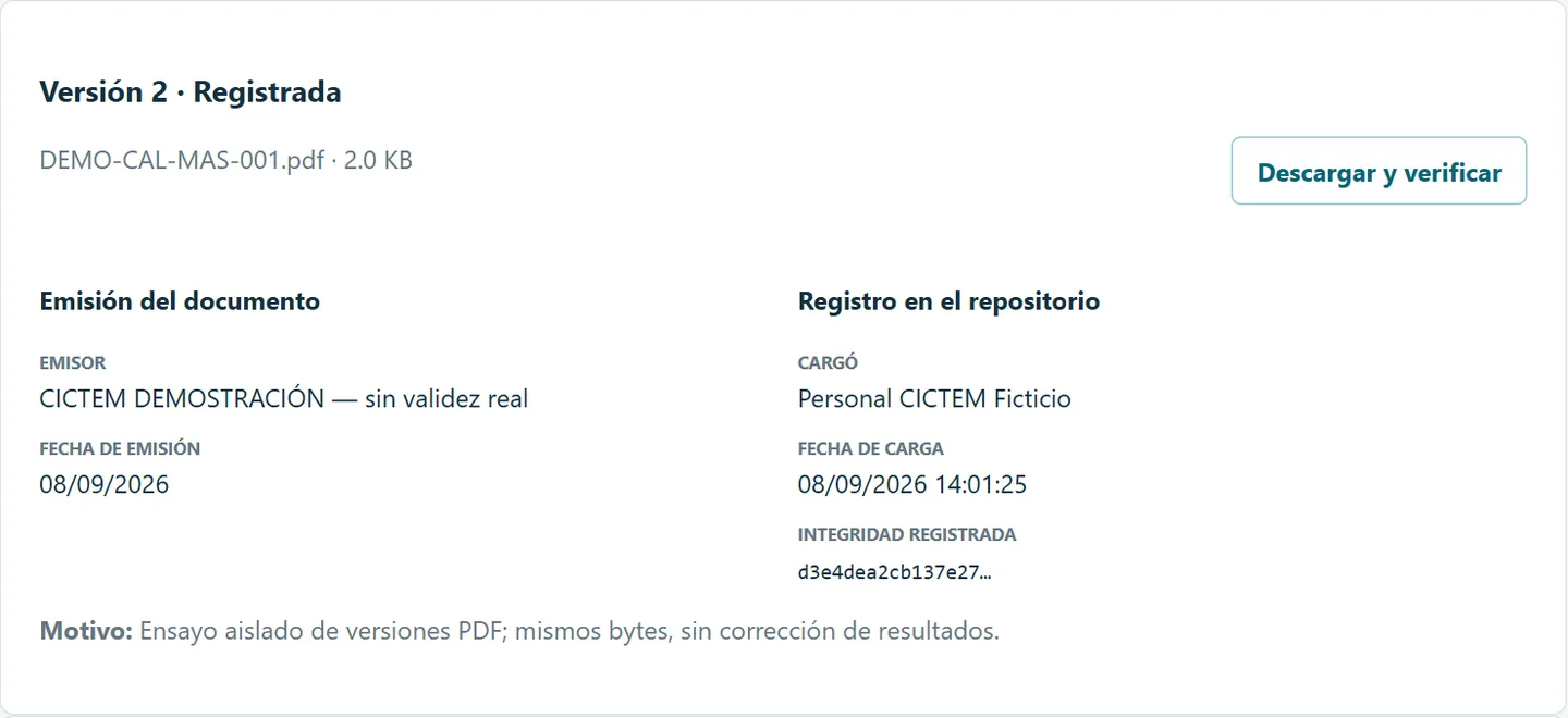 Versión de un certificado ficticio con emisor, fecha y opción de descargar y verificar